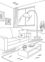 Living room graphic black white home interior vertical sketch illustration vector