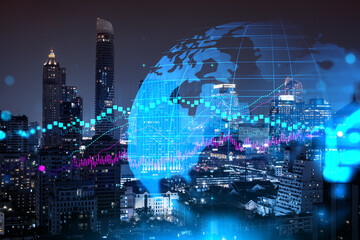 FOREX graph hologram, aerial night panoramic cityscape of Bangkok, the developed location for stock market researchers in Asia. The concept of fundamental analysis. Double exposure.