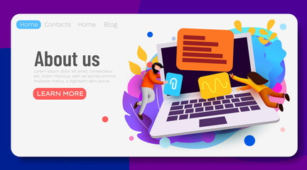 People flying around big laptop. Computer service or development concept. Web page, banner, presentation. Online survey with characters.