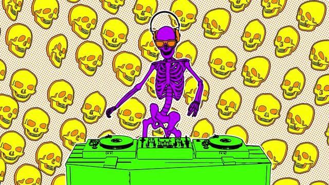 Seamless funny animation of DJ skeleton in comic style and fluor color. Halloween zine culture video loop with a trendy cartoon illustration look special for clubs and parties.