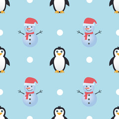 Cute penguin and snowman seamless pattern vector on light blue background.