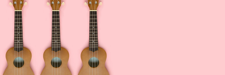 Obraz na płótnie Canvas Banner with ukulele on a pink pastel background. Creative header with place for text.