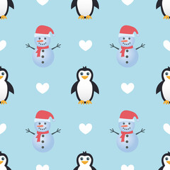 Cute penguin and snowman seamless pattern vector on light blue background.