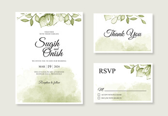 Fototapeta na wymiar Watercolor splash and leaf hand painting for wedding card invitation templates