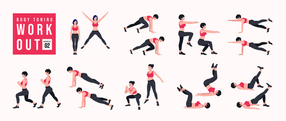 Fototapeta na wymiar Body Toning Workout Set. Women doing fitness and yoga exercises. Lunges, Pushups, Squats, Dumbbell rows, Burpees, Side planks, Situps, Glute bridge, Leg Raise, Russian Twist, Side Crunch .etc