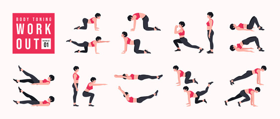 Fototapeta na wymiar Body Toning Workout Set. Women doing fitness and yoga exercises. Lunges, Pushups, Squats, Dumbbell rows, Burpees, Side planks, Situps, Glute bridge, Leg Raise, Russian Twist, Side Crunch .etc