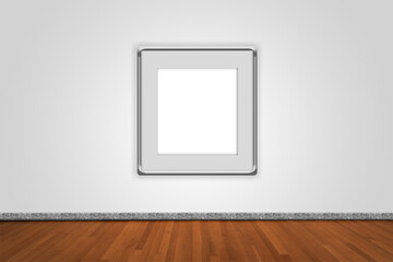 simple square frame on gradient white background, metal borders 3d presentation, white interior frame  poster with wood floor textured flooring 