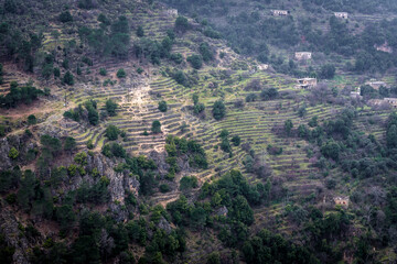 Aerial view from Monastery of Our Lady of Qannoubine in Kadisha Valley also spelled as Qadisha in...