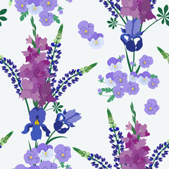 Obraz na płótnie Canvas Seamless vector illustration with gladiolus, lupine, iris and pansies on a white background.