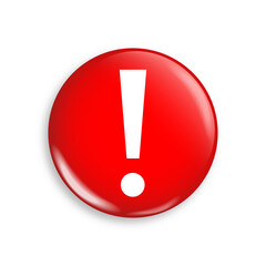 Exclamation red mark in realistic vector style, warning badge with alarm sign, round button isolated illustration