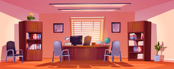 Principal school office interior, empty room with director table, computer, books and globe on desk, chairs for visitors and bookcases with files folders, potted plants. Cartoon vector illustration