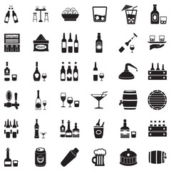 Alcoholic Drinks Icons. Black Flat Design. Vector Illustration.