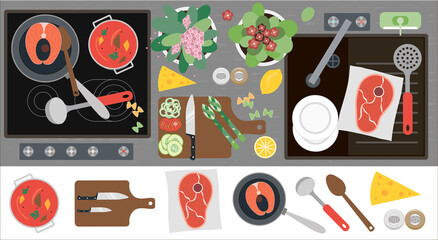 Top view of the kitchen countertop with a stove, sink, kitchen equipment, food and ready-made food for dinner. Flat vector illustration of a kitchen with a set of cooking attributes. Meat, fish