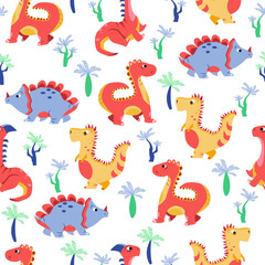 Obraz premium vector seamless patterns with dinosaurs and ferns. texture for children with cartoon motives and plants. patterns for decorating fabrics and children's clothing