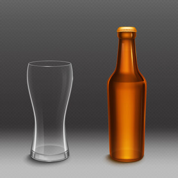 Beer bottle and empty tall glass. Vector realistic mockup of blank lager or dark beer bottle from brown glass with golden cap and clear mug. Template of alcohol beverage design