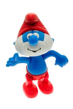 London, England - December 30, 2008: The Grandpa Smurfs figurine of which there are over 100 different characters based on personality, The Smurfs were first created in 1958