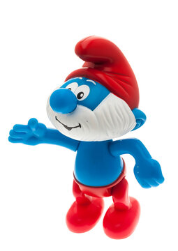 London, England - December 30, 2008: The Grandpa Smurfs figurine of which there are over 100 different characters based on personality, The Smurfs were first created in 1958