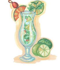 fresh iced cocktail with lime in a glass