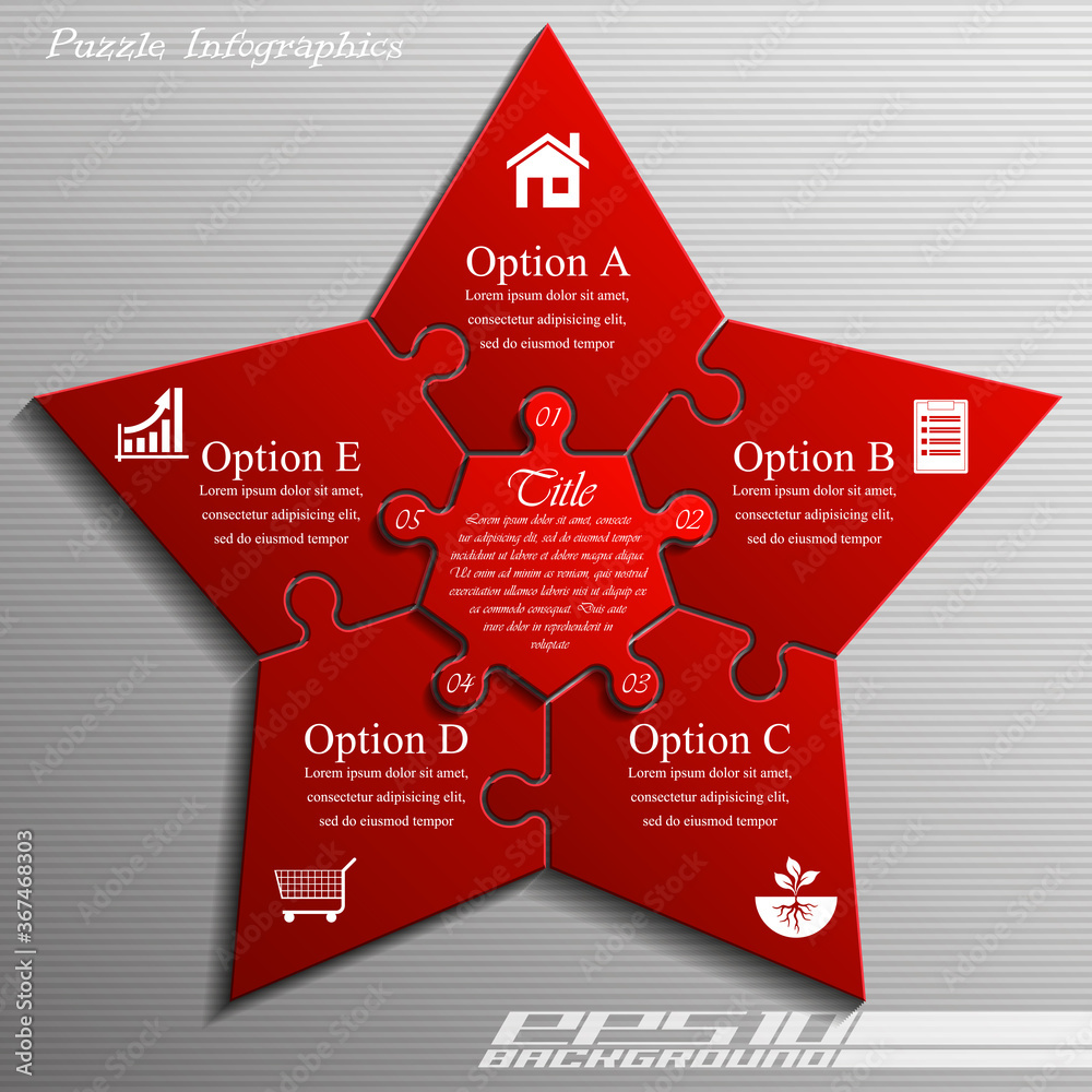 Leinwandbilder five-pointed star puzzle presentation infographic template with explanatory text field for business 