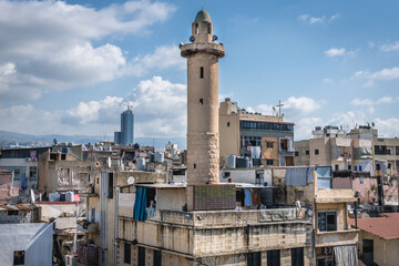 Fototapeta na wymiar Mosque minaret in Sin el Fil, suburbs of Beirut, capital of Lebanon