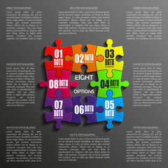 Eight sided 3d puzzle presentation infographic template with explanatory text field for business statistics