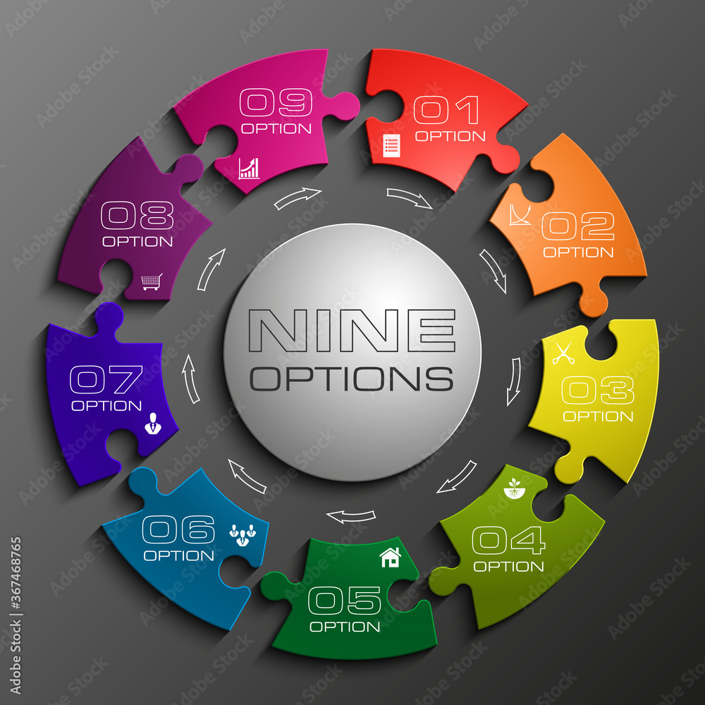 Fototapete nine sided 3d puzzle presentation infographic template with explanatory text field for business stat