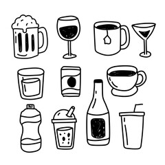 Set of drinks doodle illustration with cute design isolated on white background 