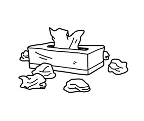 Box of tissue paper doodle, hand drawn vector doodle illustration of a box of tissue with crumpled used tissue paper around it, isolated on white background.