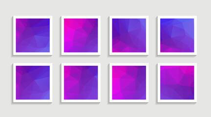 Modern mosaic low poly artwork poster set with simple shape and figure. Abstract minimalist pattern design style for web, banner, business presentation, branding package, fabric print, wallpaper.