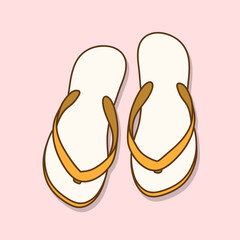 Flip-flops sandal doodle, hand drawn vector doodle illustration of yellow flip flops sandal isolated on desaturated pink background.