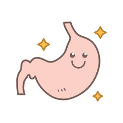 Healthy stomach vector illustration, hand drawn flat design illustration of stomach cartoon with smiling face, isolated on white background.