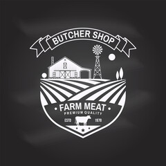 Butcher shop Badge or Label with cow, Beef, farm. Vector. Vintage typography logo design with cow silhouette. Elements on the theme of the butchery meat shop, market, restaurant business.