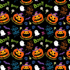 ハロウィンのかわいいかぼちゃとおばけのシームレスパターン