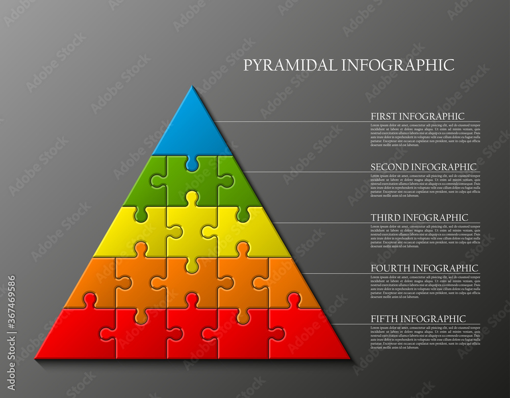 Fototapete five levels pyramid puzzle presentation infographic template with explanatory text field for business statistics illustration