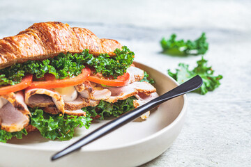 Croissant sandwich with meat, vegetables and green kale, white background. Breakfast food concept.