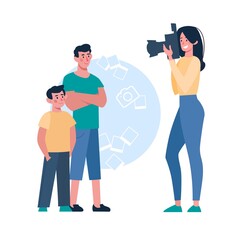 A woman photographs children on a camera with a flash, brothers pose for a photo. Cartoon characters. The mother takes pictures of her sons. Vector, flat style, isolated