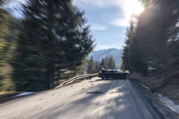 Serious car accident caused by sunlight. A frequent cause of traffic collisions in the winter months