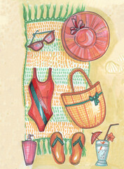 beach stuff hat bag towel sunglasses