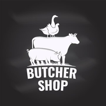 Butcher shop Badge or Label with cow, Beef, pork, pig, chicken. Vintage typography logo design with cow, Beef, pork, pig, chicken silhouette. Butchery meat shop, market, restaurant business.