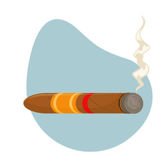 Flat vector illustration of a smoldering Cuban cigar with a label.