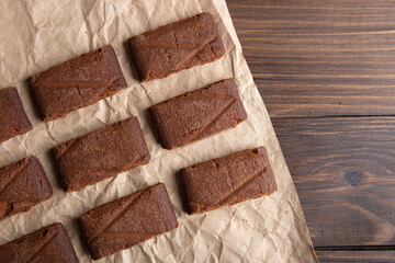 Chocolate cookies on wooden table.Homemade cookies closeup