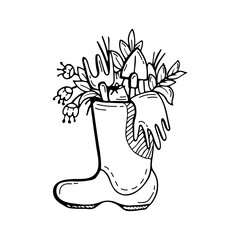 Plants and flowers, gardening tools in a rubber boot. Hand-drawn doodles.