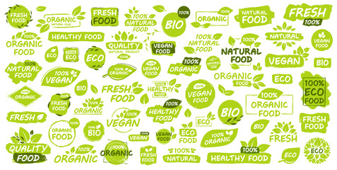 Set of Vegan, Eco, Bio, Organic, Fresh, Healthy, 100 percent, natural food. Natural product. Collection of 60 emblem, cafe, badges, tags, packaging. Vector illustration.