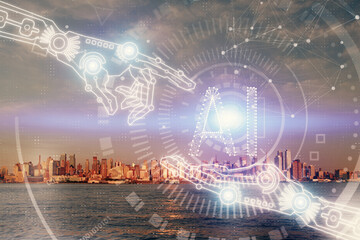 Data theme hologram drawing on city view with skyscrapers background multi exposure. Bigdata concept.