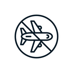 Plane and prohibited sign, flight cancellation, departure ban outline icons. Vector illustration. Editable stroke. Isolated icon suitable for web, infographics, interface and apps.