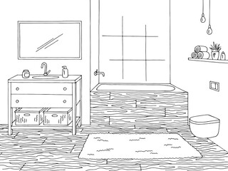 Bathroom graphic home interior black white sketch illustration vector