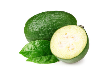 Tropical fruit feijoa with slices isolated on white background. Acca sellowiana