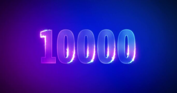 10000, 10K. Electric lightning words. Burning Logotype on purple blue background. High quality 4k footage