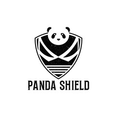 Rustic black panda shield logo design vector, vintage shield vector icon