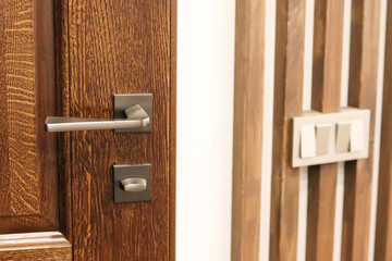 Wooden oak interior door, modern doorknob and switches. Wooden decorative oak planks on the wall. Modern interior, solid wood, neoclassicism.